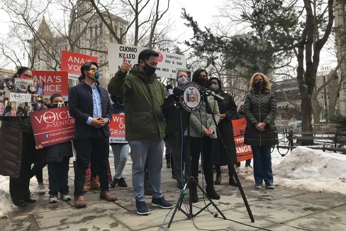 Assemblymember Ron Kim speaks Wednesday at a press conference inside City Hall Park calling for a full investigation into Governor Cuomo's handling of nursing homes during COVID.